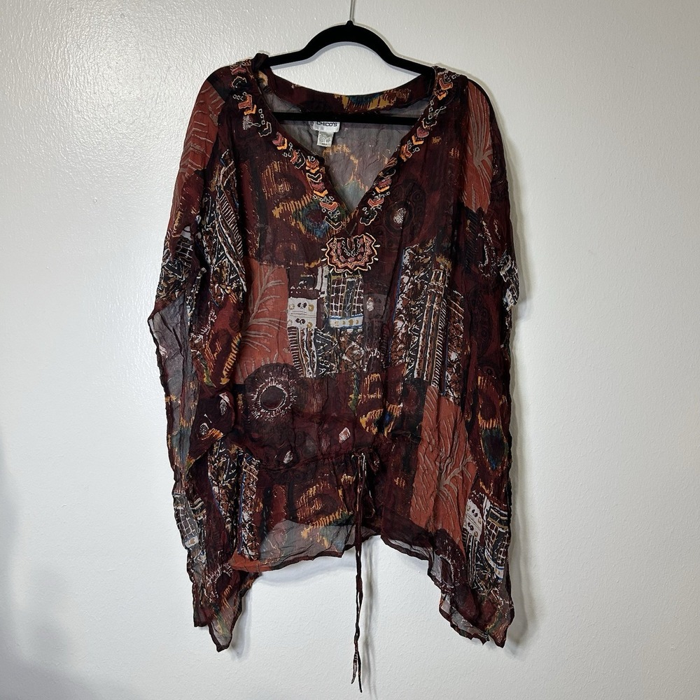 Chico's Silk Sheer Boho Tunic Top Abstract Embroidered Flowyβ Medium Drawstring